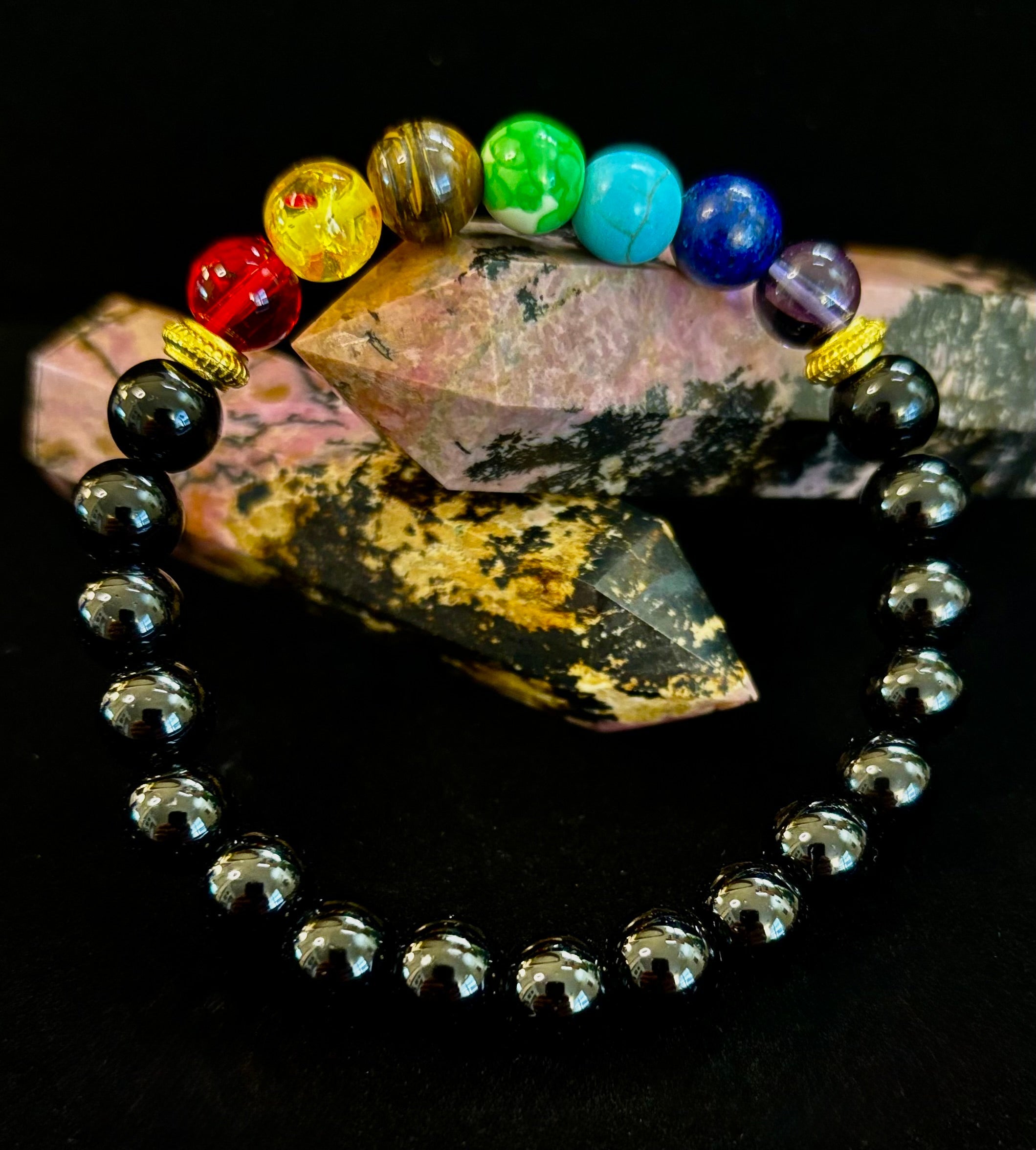 7 Chakra & Black Onyx Reiki-Infused Balance & Protection Bracelet (Medium Wrist)