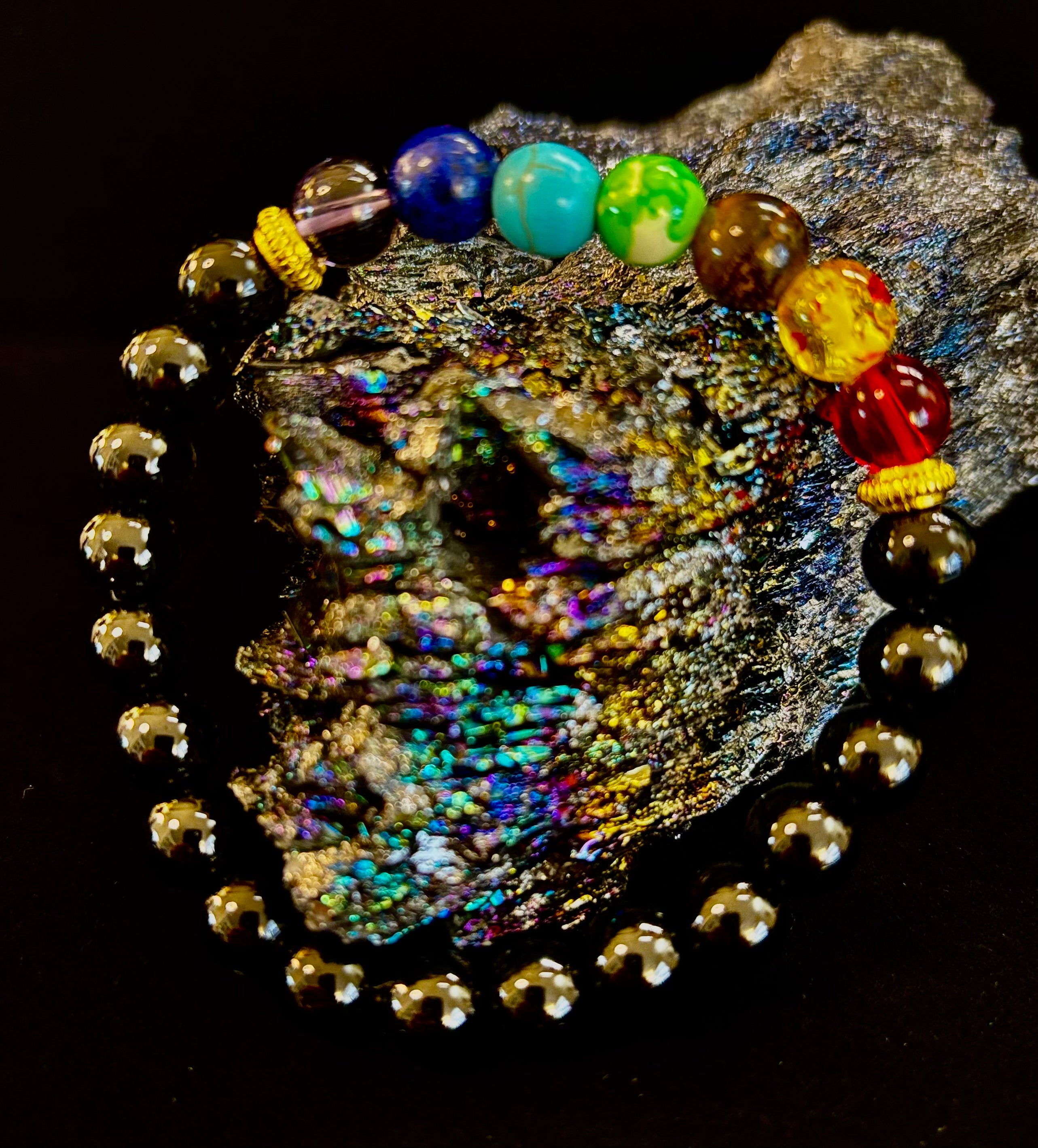 7 Chakra & Black Onyx Reiki-Infused Balance & Protection Bracelet (Medium Wrist)